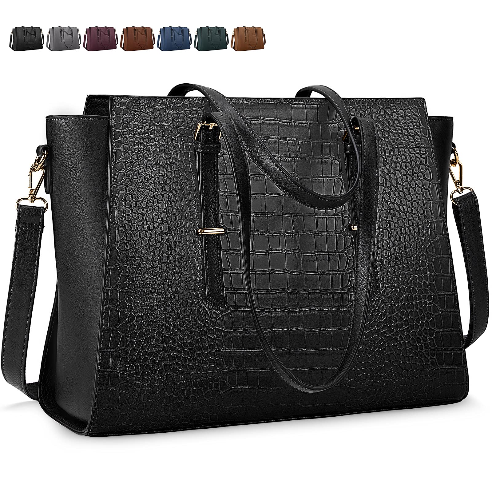 Stylish 15.6 Inch Waterproof Leather Laptop Tote Bag for Women - Large Capacity Lightweight Shoulder Handbag & Professional Office Briefcase - Perfect for Work, Business Meetings, Travel and Daily Commute (Black)