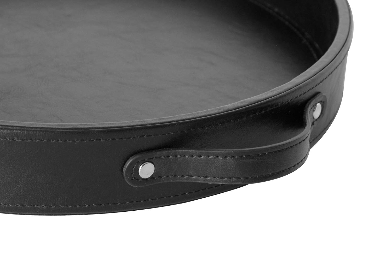 HofferRuffer 14.6-inch Round PU Leather Serving Tray with Handles - Decorative Vanity Catchall Tray, Coffee Table Tray for Home & Office (Black) | Perfect for Serving Drinks, Organizing Jewelry, or Displaying Decor