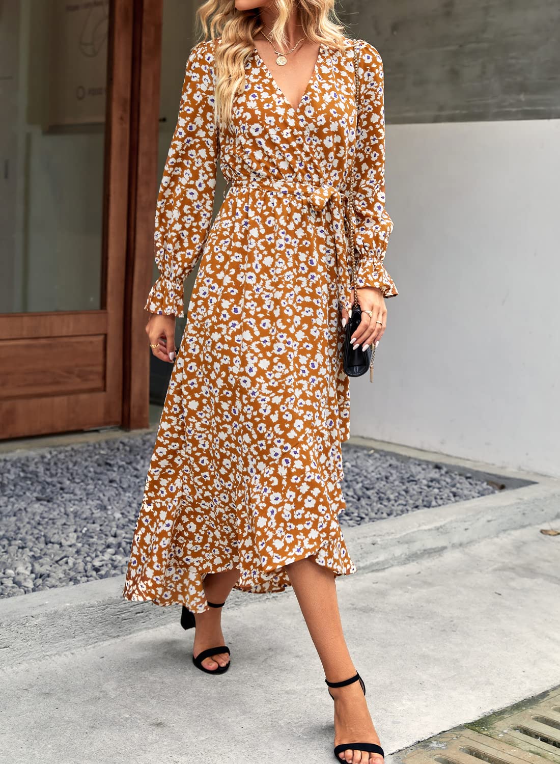 BTFBM Women's Floral Long Sleeve Boho Dress - V Neck High Waist Ruffle Summer Wedding Guest Dress 2025 | Spring & Summer Occasions, Garden Party, Bridal Shower, Formal Events