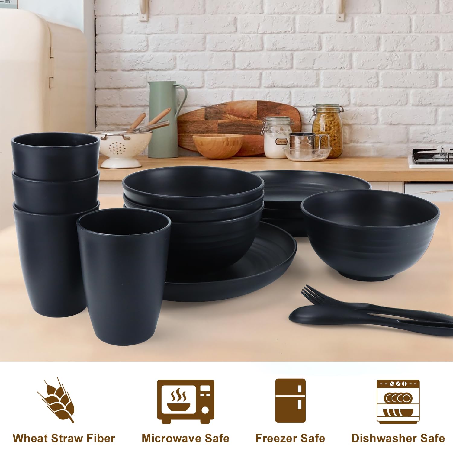 20-Piece Eco-Friendly Wheat Straw Dinnerware Set - Unbreakable Plates & Bowls, Reusable BPA-Free Plastic Alternative - Perfect for Outdoor Camping, Picnics, RV Trips & Microwave-Safe Home Use - 4-Person Set (Black)
