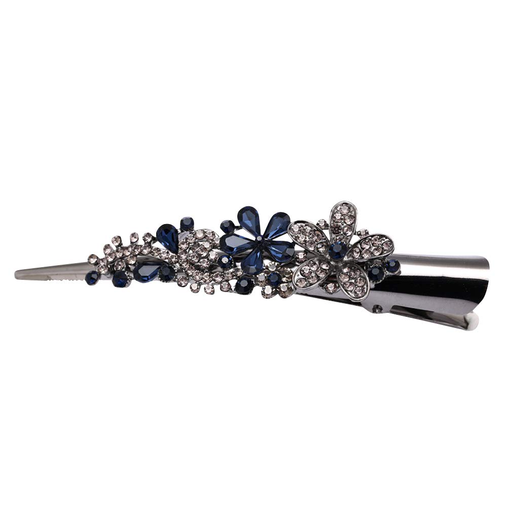 Large Double Row Teeth Metal Duck Bill Hair Clips - Rhinestone Flower Hair Barrettes with Teeth for Women & Girls - Elegant Hair Pins & Slides (Blue) | Perfect for Weddings, Parties & Everyday Styling
