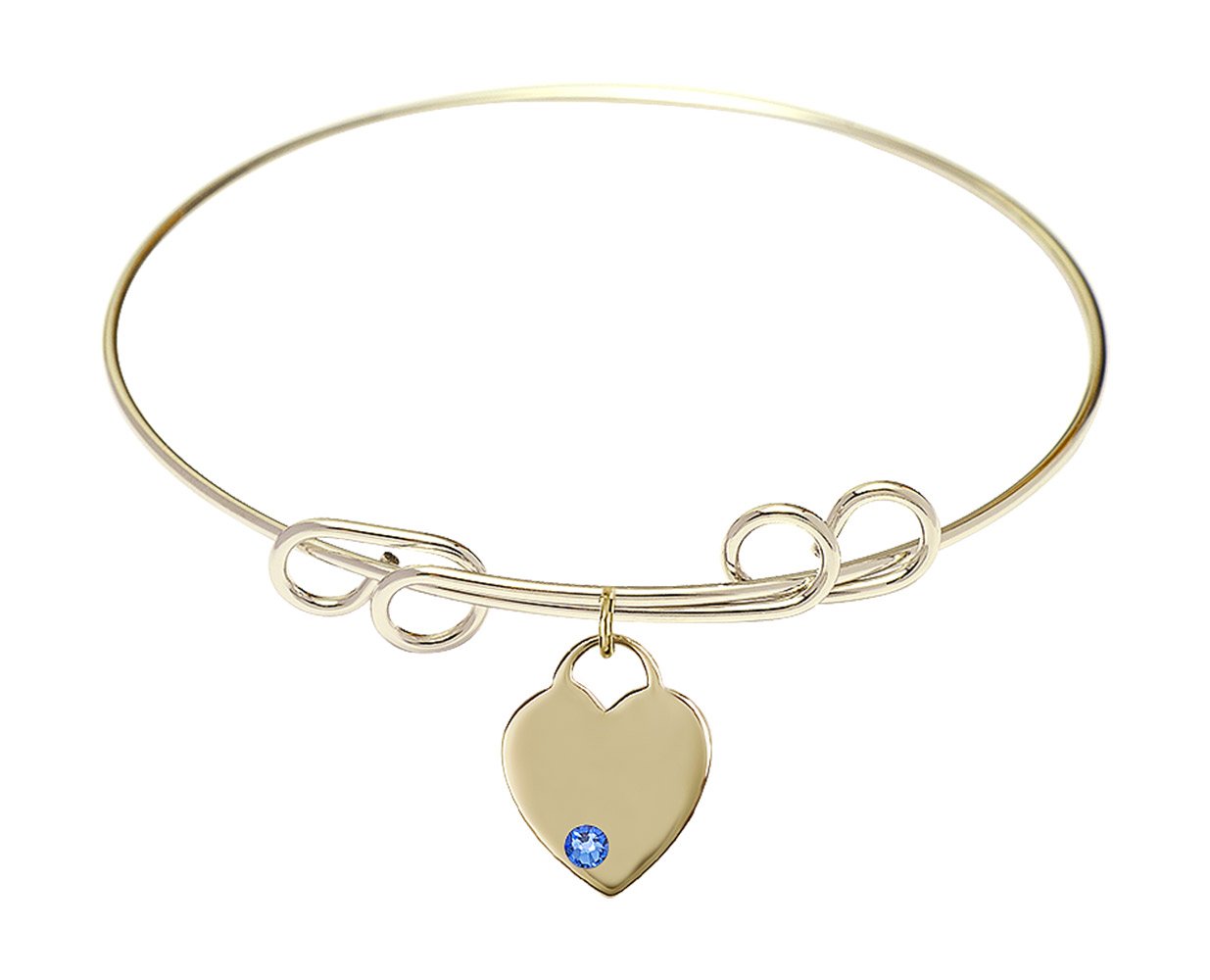 8 Inch Round Double Loop Bangle Bracelet with Heart Medal Charm & September Blue Crystal - Elegant Jewelry for Women, Perfect for Parties, Weddings & Special Occasions