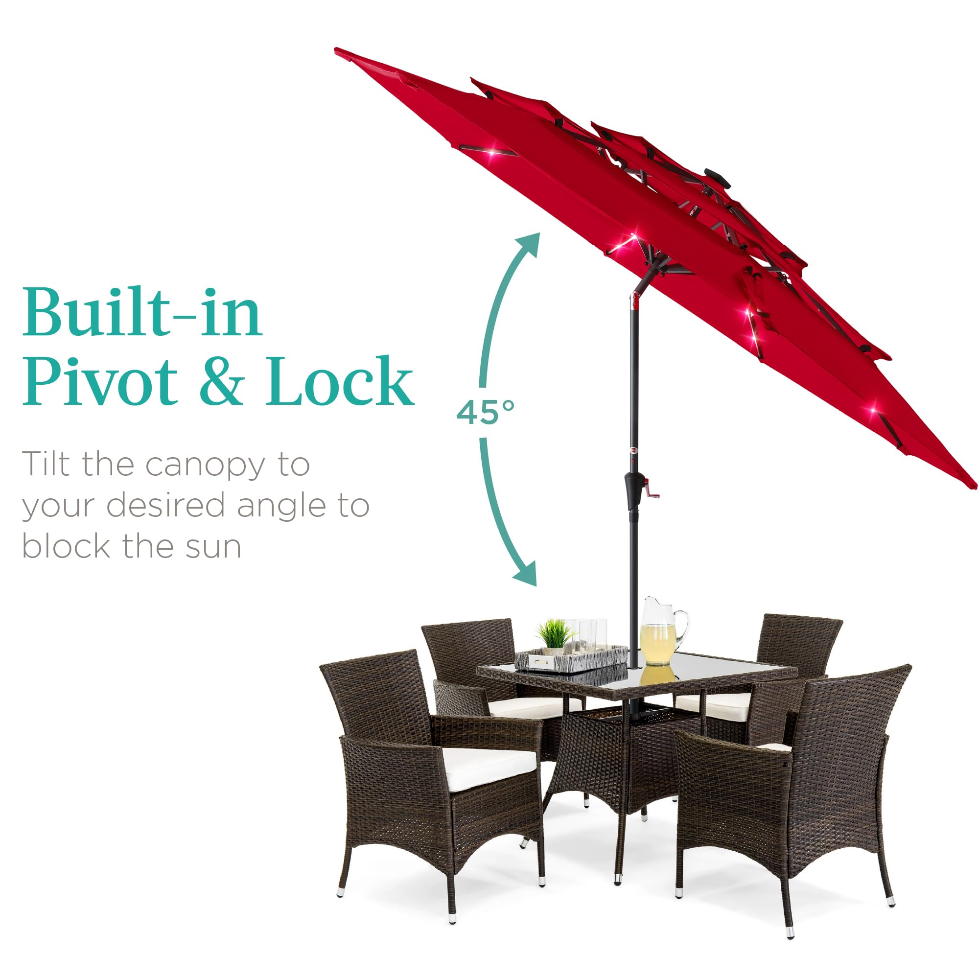 Best Choice Products 10ft 3-Tier Solar Patio Umbrella with 24 LED Lights - Adjustable Tilt & Easy Crank, 8 Sturdy Ribs for Backyard, Deck, Poolside - Perfect for Outdoor Dining, Lounging, and Summer Gatherings (Red)