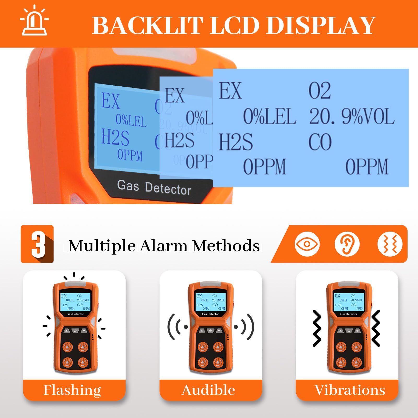 4-in-1 Portable Gas Detector for CO, H2S, O2 & LEL Monitoring with Vibration, Visual & Audible Alarms | 18-Hour Rechargeable Battery | Home, Workplace & Industrial Safety Device for Confined Spaces, Construction Sites & Oil Rig Safety