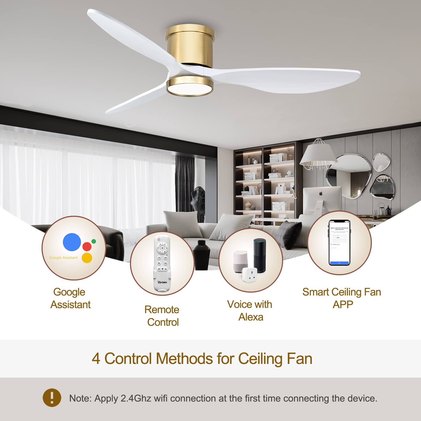 Ovlaim 52 Inch Smart Wood Ceiling Fan with Light and Remote Control - 3 Blade White Gold Modern Low Profile Flush Mount - Quiet DC Motor for Bedroom, Living Room, Office - Perfect for Home Cooling and Stylish Decor