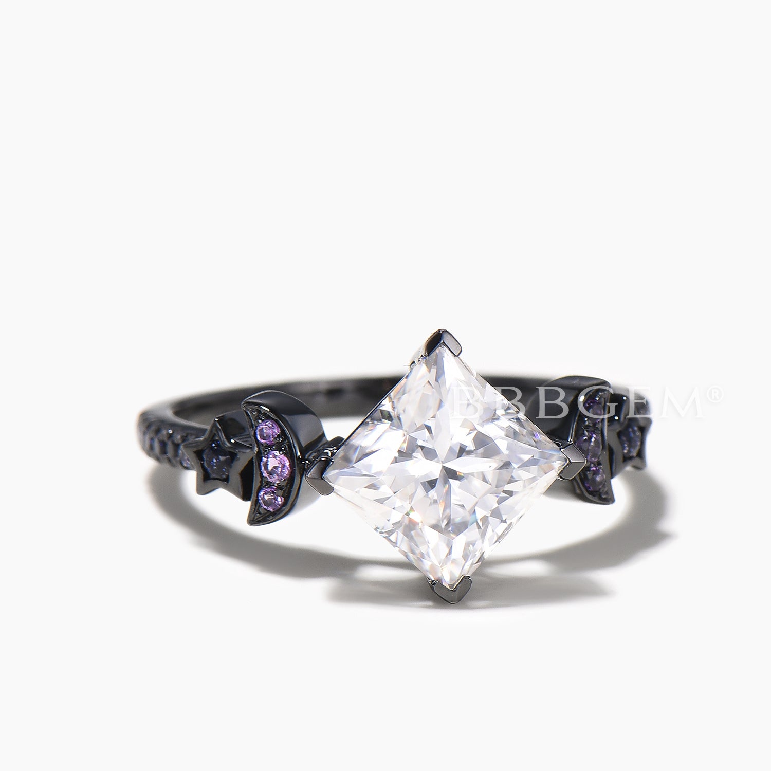 Princess Cut Moissanite Engagement Ring in Black Gold with Moon Star & Blue Sandstone Band - Perfect for Proposals, Weddings & Anniversary Gifts