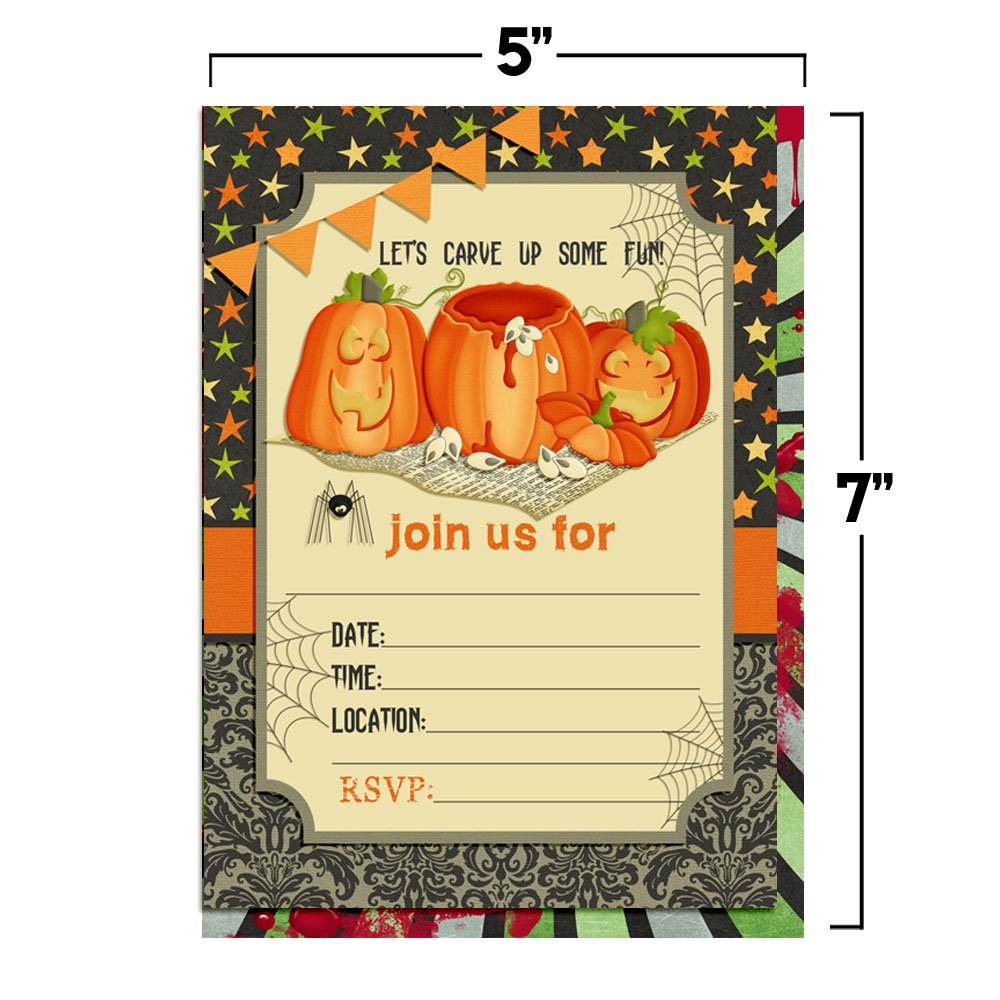 20 Pack Halloween Pumpkin Carving Party Invitations - 5x7 Fill-in Cards with Envelopes for Halloween, Birthday & Fall Celebrations | Perfect for DIY Party Decorations & Seasonal Greetings