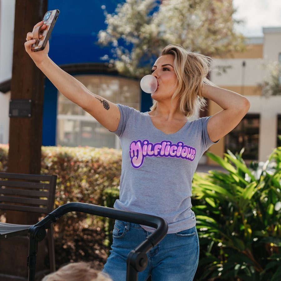 Women's Milflicious V-Neck T-Shirt - Soft Heather Gray Cotton Tee for Casual Wear & Everyday Outfits
