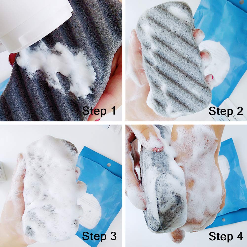 Konjac Sponge Set of 4 - Natural Bamboo Charcoal Facial & Body Exfoliator for Deep Cleansing - Gentle Skin Scrubber for Men & Women - Perfect for Daily Face Wash & Body Care Routine (4 Pack)
