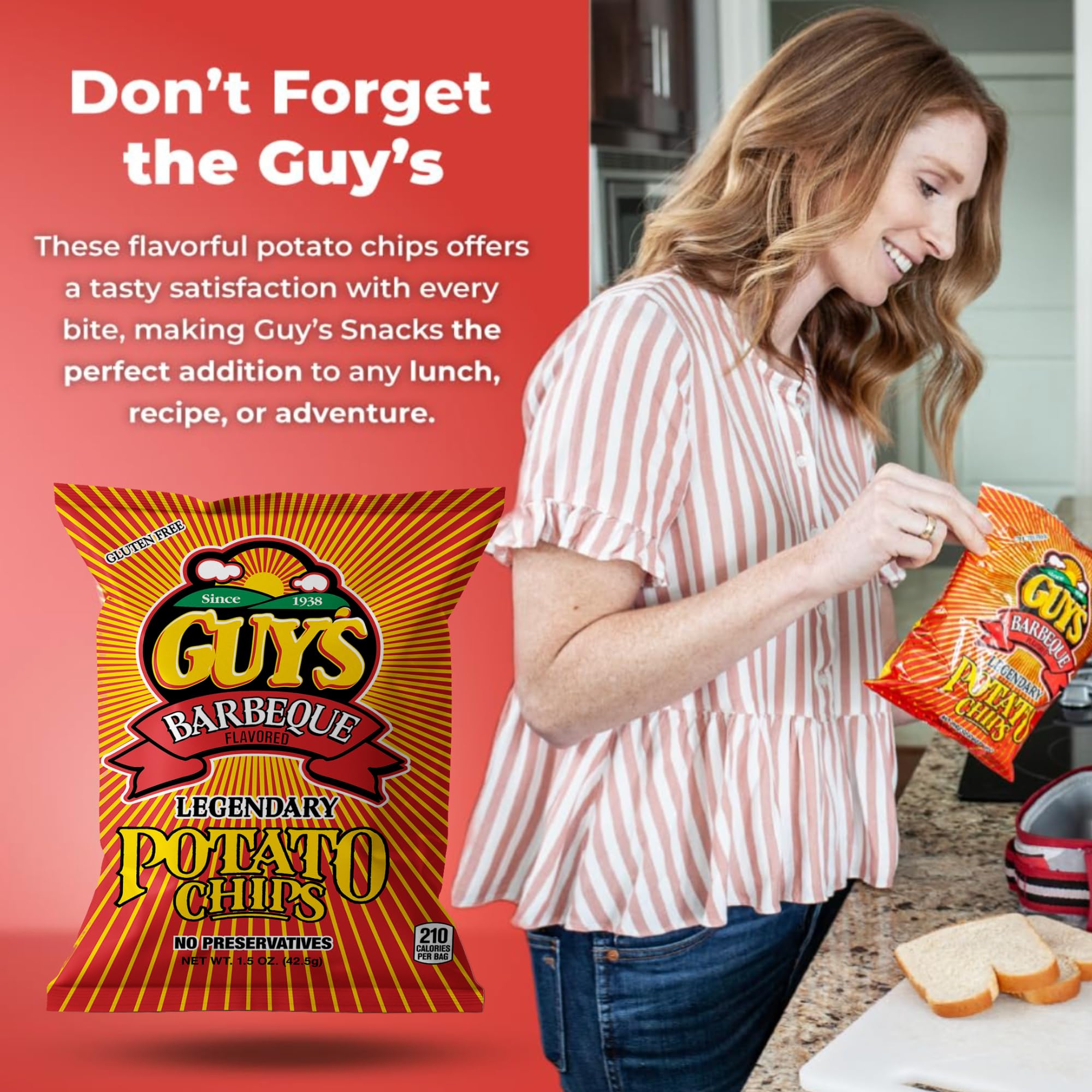 Guys BBQ Potato Chips - Healthy Salty Snacks with Natural Spices - Crunchy Gluten-Free Chips - Perfect for Parties, Picnics & Office Snacks (1.5oz Bag, 24-Pack) | Great for Game Nights, Road Trips & Lunchboxes