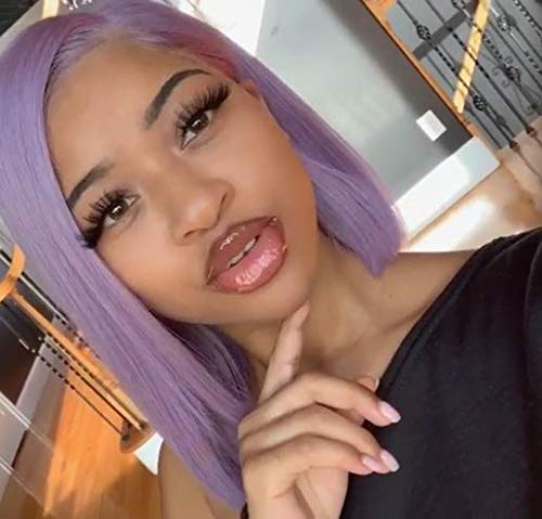 Light Purple Human Hair Bob Wig - Glueless Pre Plucked 13x4 HD Lace Front with 180% Density - Remy Hair Transparent Wig in Lilac Straight 14 Inch with Bleached Knots - Middle Part Purple Bob Wig for Women - Perfect for Cosplay, Daily Wear & Special Occasions