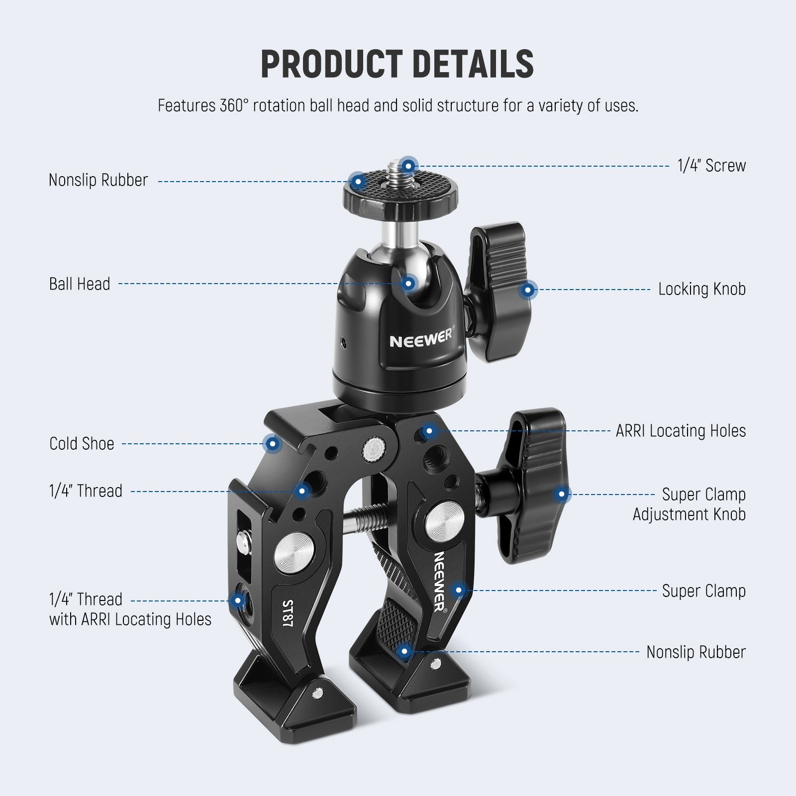 NEEWER ST87 Super Clamp with Ballhead - Heavy Duty Camera Mount for DSLR, Video, Lighting Equipment - Perfect for Photography, Videography, and Studio Setups