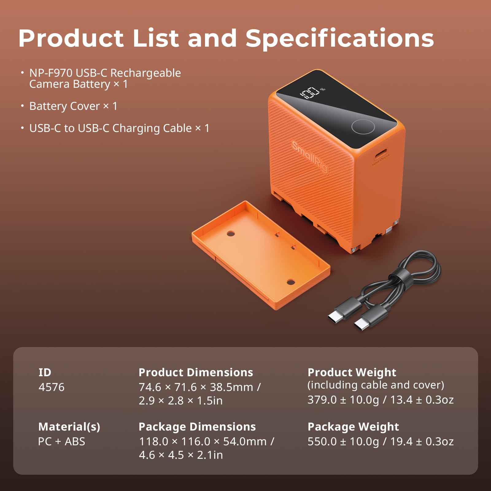 SmallRig NP-F970 10500mAh Replacement Battery for Sony NP-F970/F750/F550 - 36W USB-C PD Fast Charging, OLED Display - Compatible with DSLR Cameras, Monitors, LED Lights, Camcorders - Perfect for Photography, Videography & Outdoor Shooting (Orange, Model 4576)