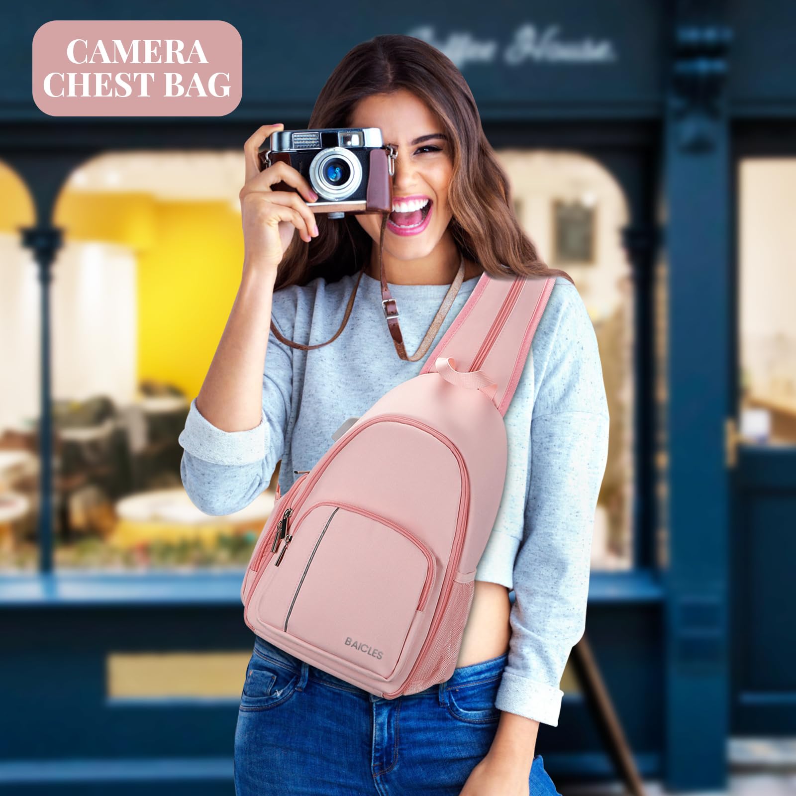 BAICLES Waterproof Shockproof Nylon Camera Shoulder Bag with Lens Organizer - Rose Pink Casual Photography Backpack for DSLR, Mirrorless Cameras & Accessories - Perfect for Travel, Hiking & Outdoor Photography