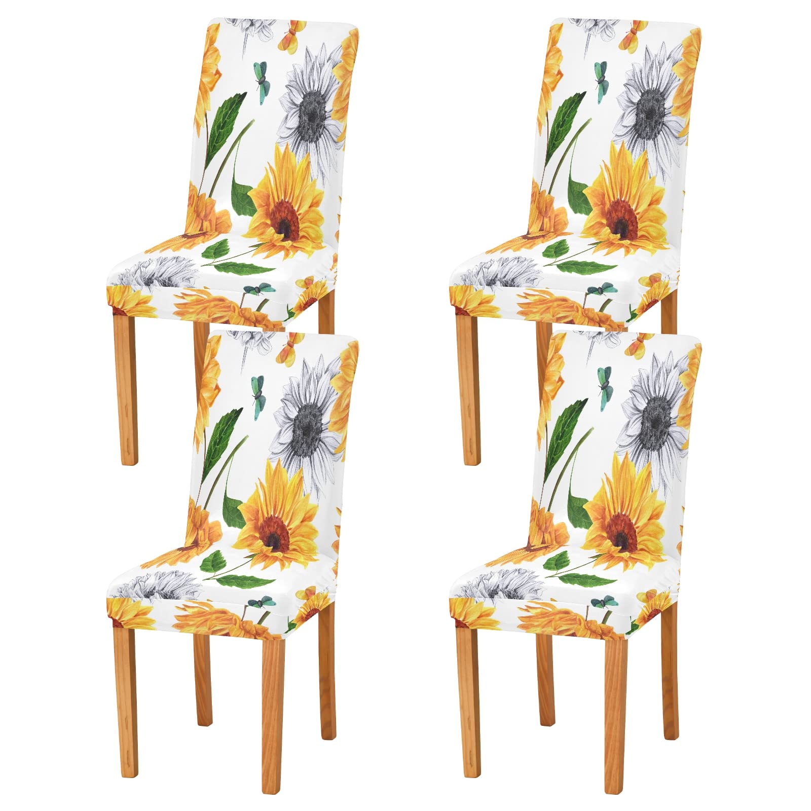 Stretchable Washable Sunflower Butterfly Watercolor Dining Room Chair Covers Set of 4 - Removable Slipcovers for Home, Hotel, Office, Wedding & Banquet Decor - Perfect for Dining Room, Kitchen, Ceremony and Party Decorations