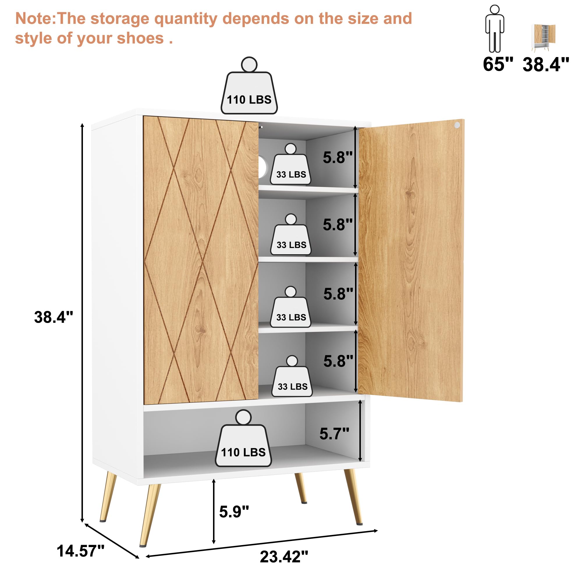 HOMEFORT 18-Pair Shoe Storage Cabinet - 6-Tier Modern Shoe Rack Organizer with Double Doors & Adjustable Shelves for Entryway, Closet or Bedroom - White Oak Shoe Cabinet for Narrow Spaces
