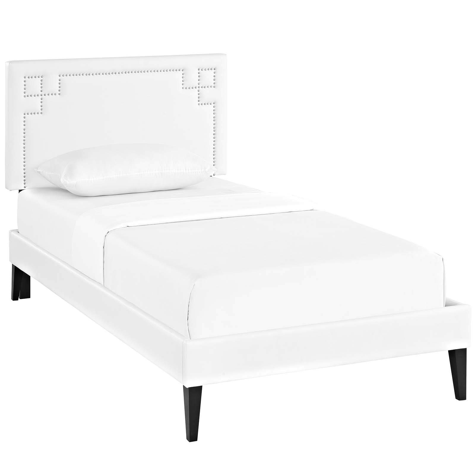 Modway Ruthie White Faux Leather Upholstered Twin Size Platform Bed Frame with Tapered Legs - Modern Minimalist Bedroom Furniture for Small Spaces & Guest Rooms