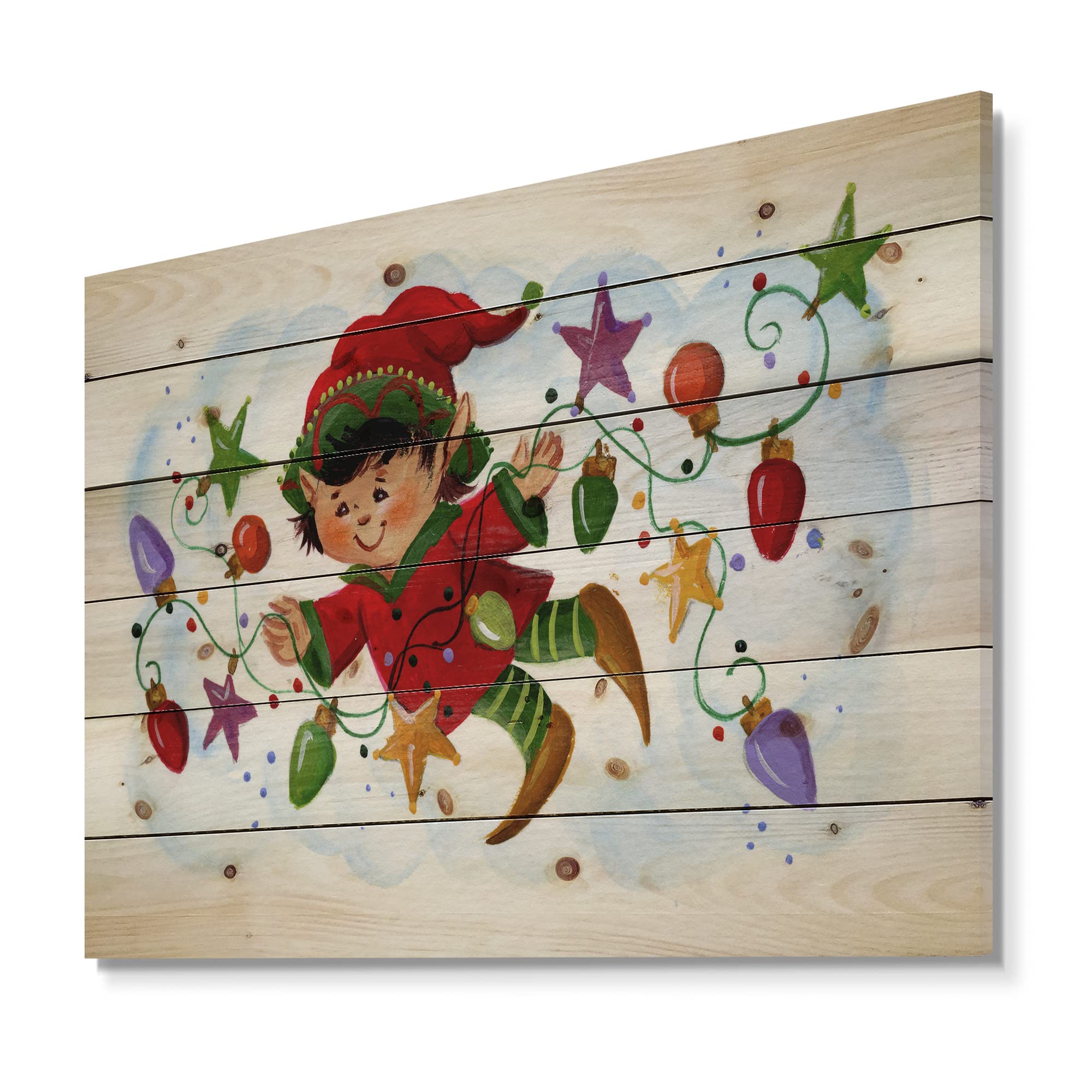 DesignQ Cute Elf Christmas Wood Wall Decor - Traditional Red Wooden Art Panel with Holiday Lights - Large Pine Wood Wall Hanging for Living Room, Bedroom & Holiday Home Decoration