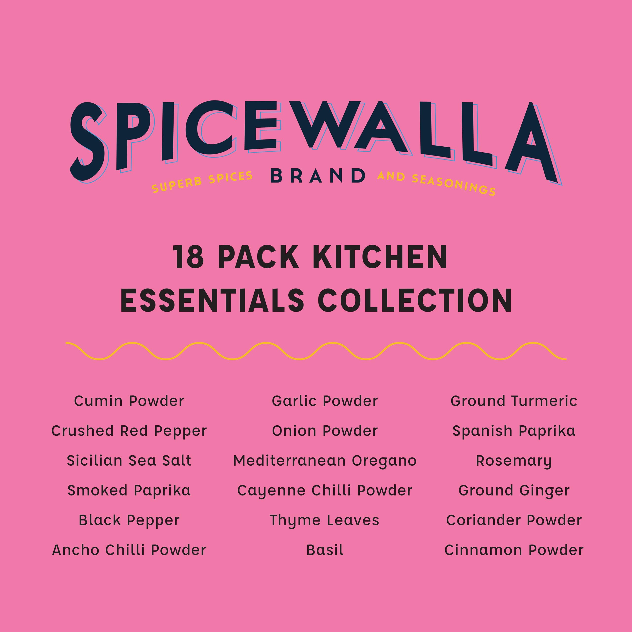 Spicewalla 18-Piece Essential Spices & Seasonings Variety Set | Garlic, Onion, Paprika, Crushed Red Pepper, Oregano & More | Premium Kitchen Cooking Spice Collection | Perfect for Home Chefs, Apartment Cooking & Housewarming Gifts | Ideal for Meal Prep, BBQ, Baking & Everyday Recipes