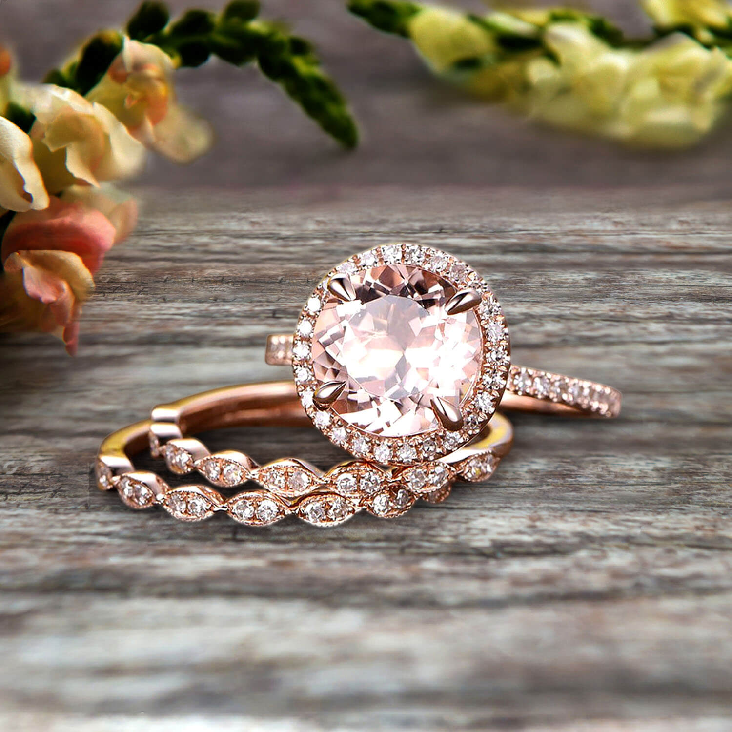 14K Rose Gold 2 Carat Round Cut Morganite Trio Engagement Ring Set with Halo & Matching Band - Perfect for Proposals, Weddings, Anniversaries and Stackable Jewelry Looks