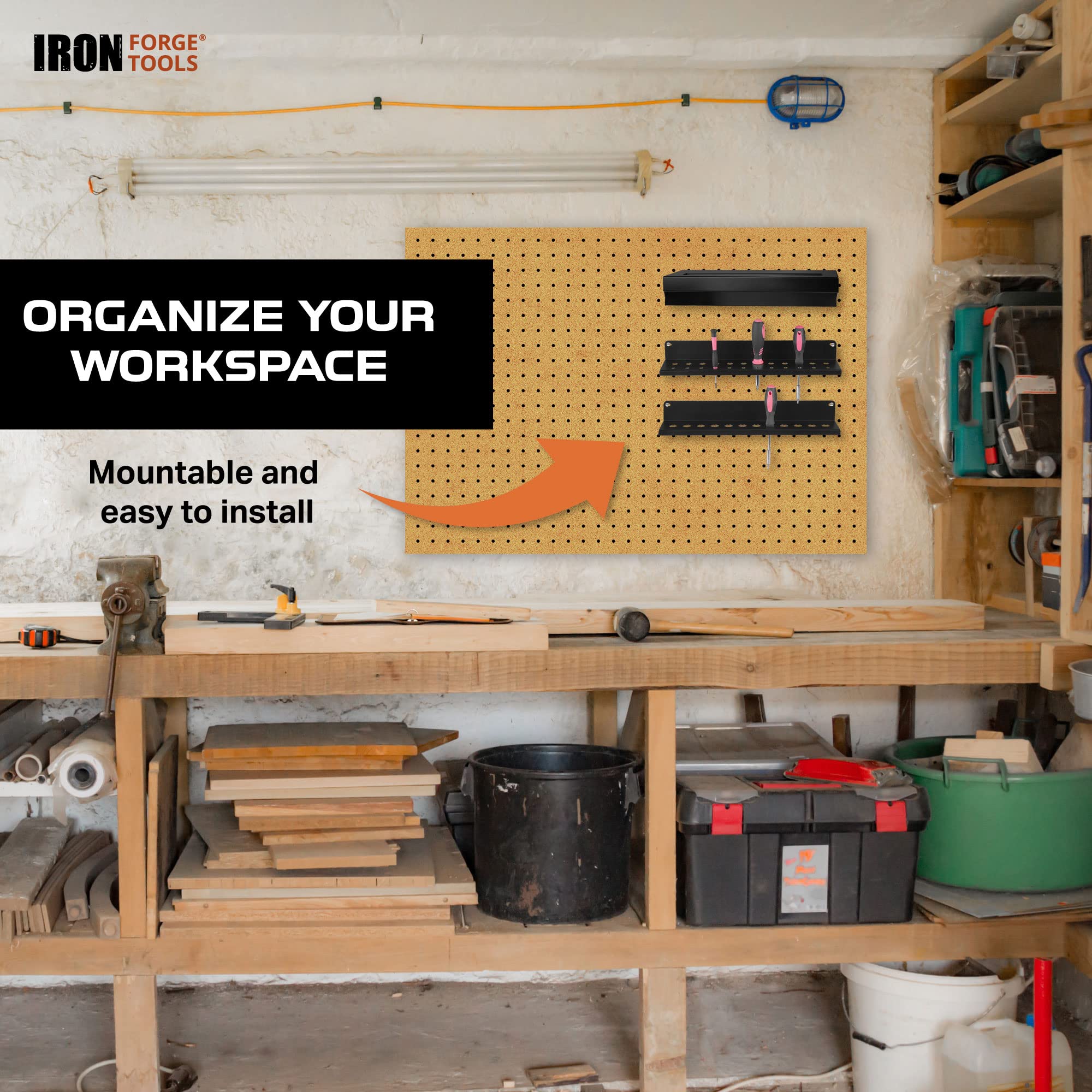 Iron Forge Tools Metal Hand Tool Organizer - Wall Mounted Hammer, Pliers & Screwdriver Storage Rack for Workshop, Garage & DIY Projects - Durable Shop Tool Holder for Easy Organization