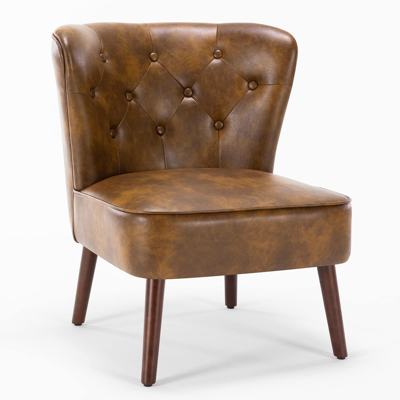 Mid Century Modern Faux Leather Tufted Accent Chair with Wooden Legs - Living Room, Bedroom & Office Comfortable Seating - Yellow Brown Retro Style Lounge Chair for Home Decor