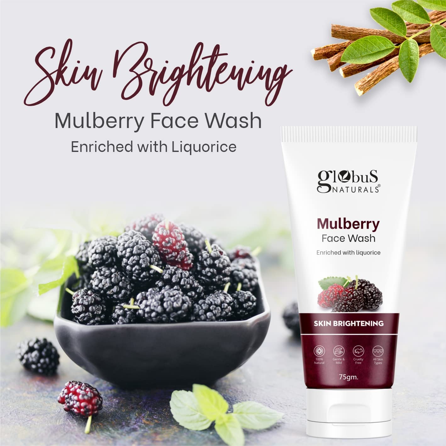 Globus Naturals Face Wash Combo Set of 2 - Skin Brightening Mulberry & Anti-Wrinkle Red Wine Facial Cleanser (75g Each) for Glowing, Youthful Skin | Daily Skincare Routine, Morning & Night Use