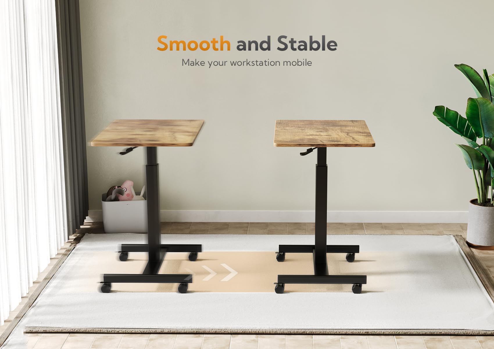Claiks Mobile Standing Desk with Wheels - Adjustable Height Small Rolling Workstation for Home Office, Pneumatic Laptop Desk with Hook in Rustic Brown | Perfect for Remote Work, Study & Small Spaces