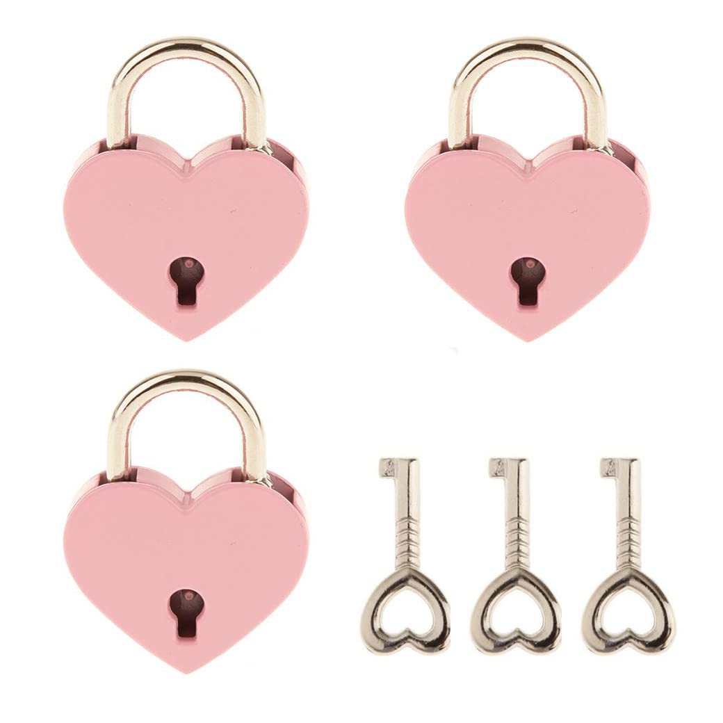 3 Pcs Small Metal Heart Shaped Padlock with 2 Keys - Cute Mini Lock for Jewelry Box, Diary, Gift, Travel Luggage & Keepsake Storage - Romantic Pink Color for Valentine's Day, Wedding & Special Occasions