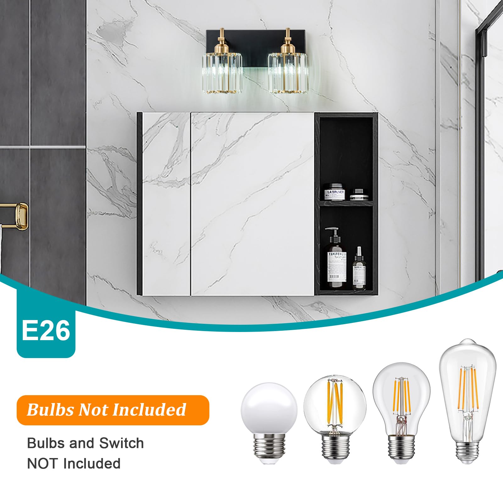 2-Light Crystal Bathroom Vanity Lights - Black Gold Modern Mirror Lighting Fixtures with Polished Gold Finish for Bathroom, Powder Room & Dressing Area | Elegant Wall Sconce for Vanity Mirror Illumination
