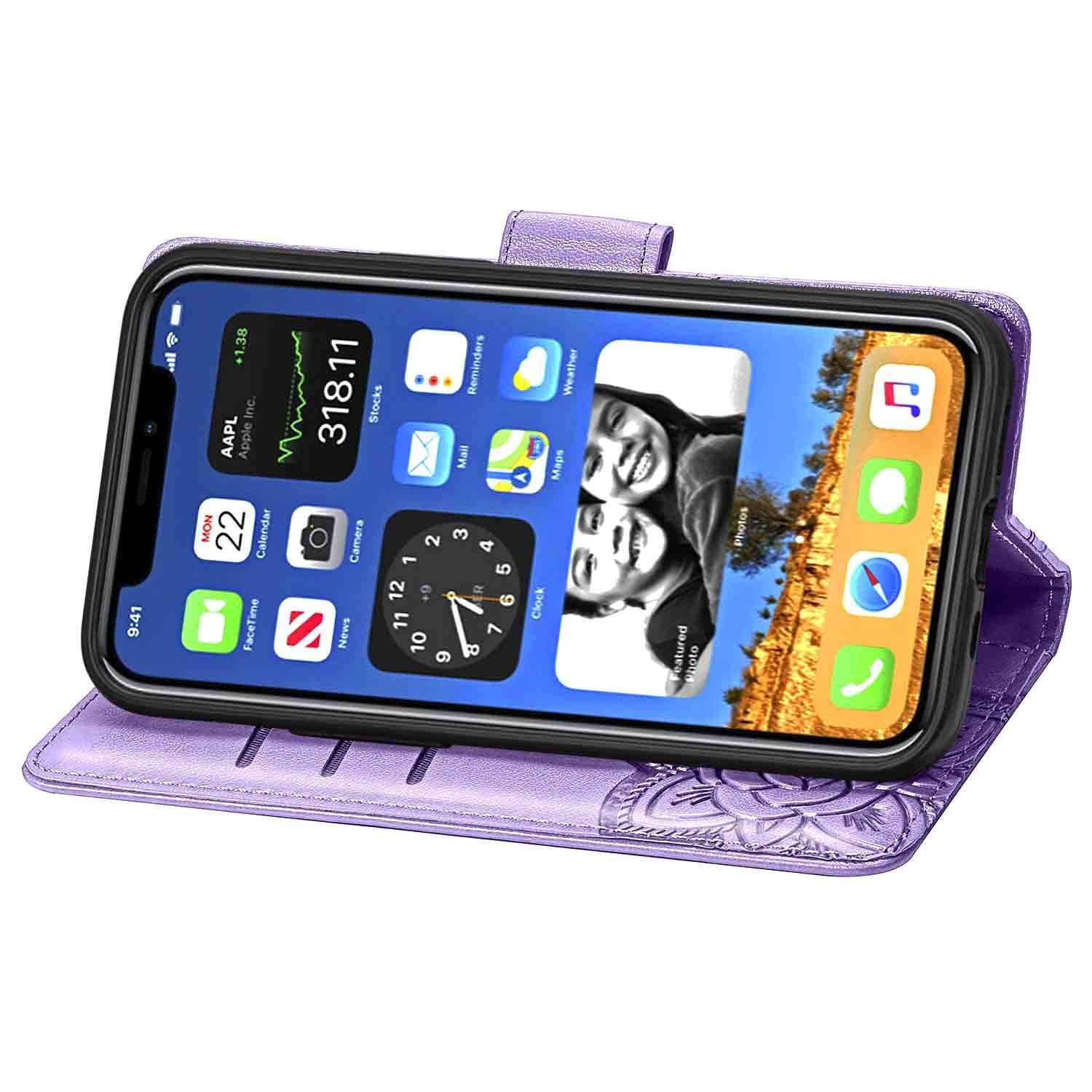 Premium iPhone 12 Pro Max Case 6.7 inch (2020) - Wallet Case with Card Holder & Strap, 3D Embossed Butterfly Design, PU Leather Flip Cover in Blue - Perfect for Women, Girls & Everyday Use
