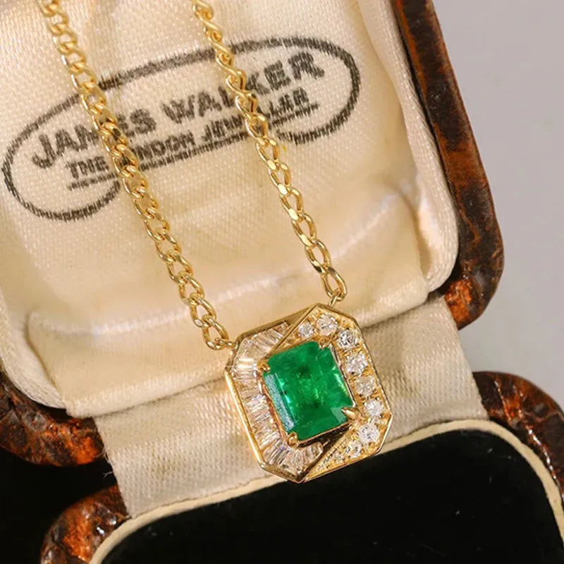 18K Yellow Gold Pendant Necklace with Real Diamond & Genuine Emerald - Elegant Women's Jewelry Gift for Anniversary, Birthday & Special Occasions