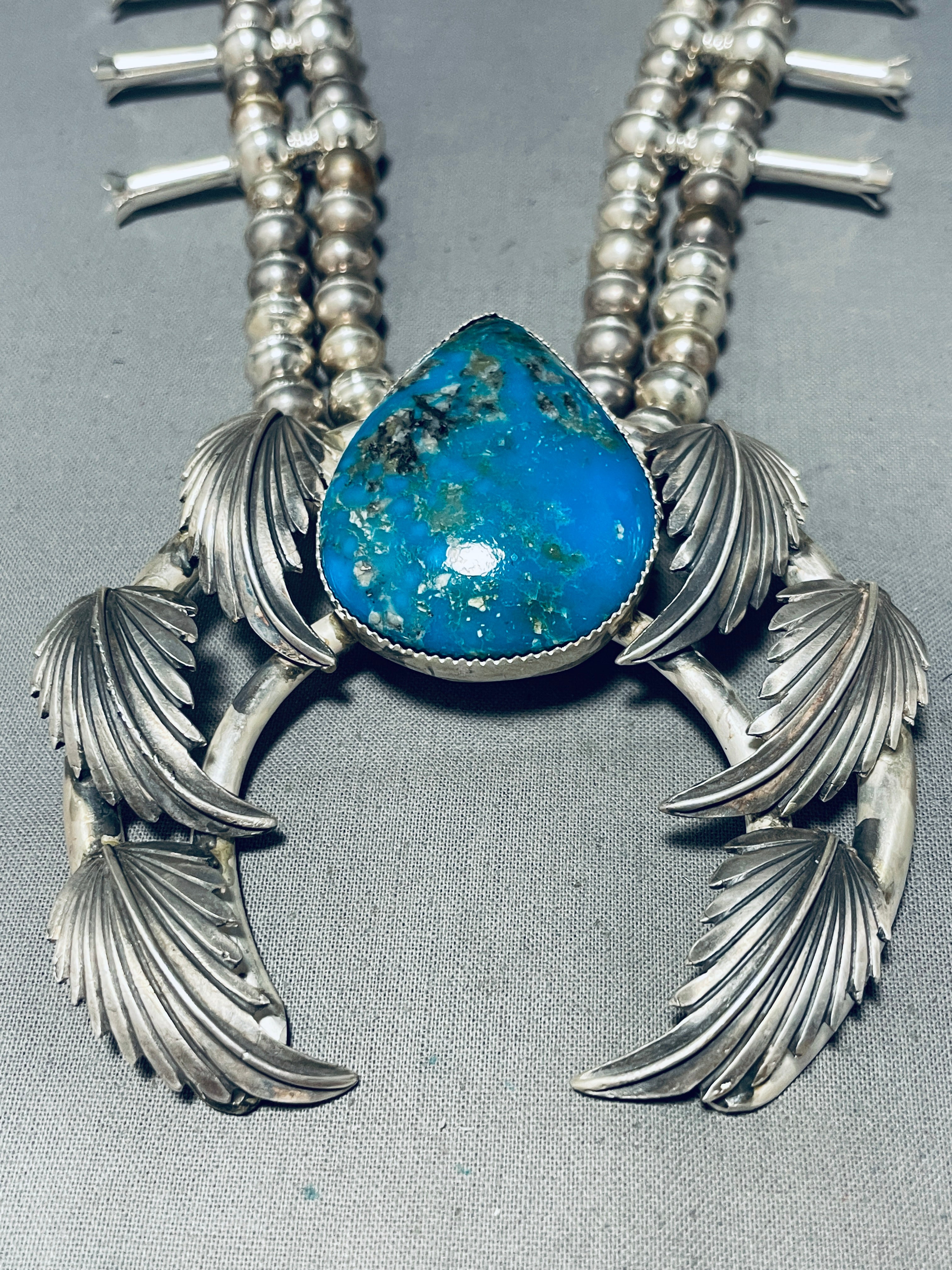 Authentic Navajo Sterling Silver Squash Blossom Necklace with Turquoise - 162g Heavy Handmade Jewelry for Women, Perfect for Boho Fashion & Special Occasions