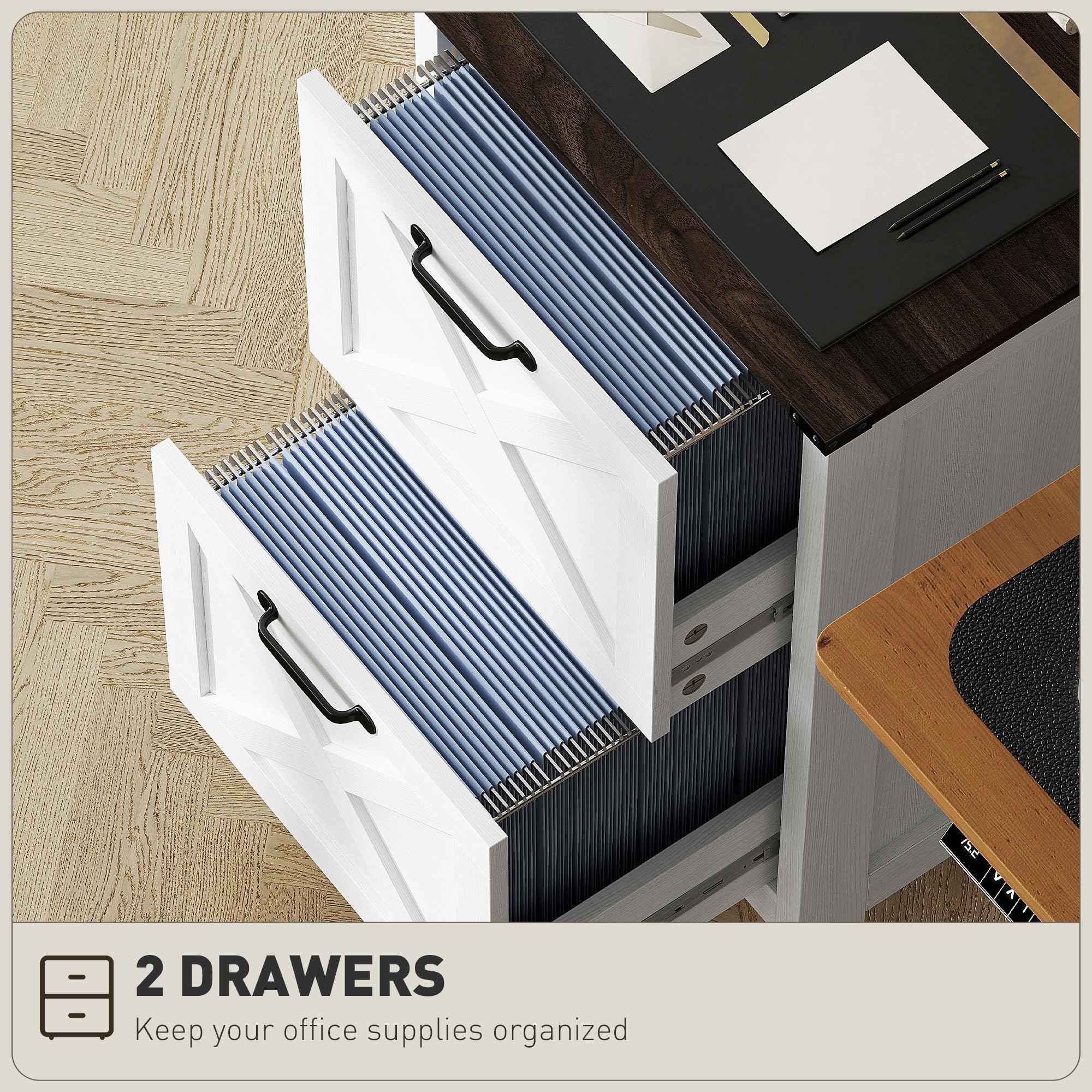 HOMCOM 2-Drawer Vertical File Cabinet with Silent Slides - Rustic Farmhouse Filing Cabinet with Barn Doors for A4/Letter Size - Printer Stand with Storage for Home Office - Distressed White - Perfect for Organizing Documents in Small Spaces, Home Offices & Workspaces
