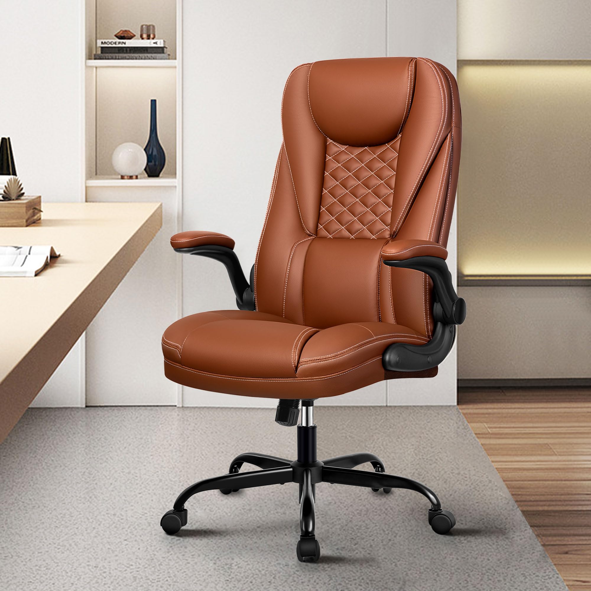 Premium Big and Tall Executive Office Chair - Ergonomic Leather High Back Chair with Lumbar Support & Adjustable Flip-Up Arms - Home Office Desk Computer Chair (Brown) - Perfect for Long Work Hours & Gaming Sessions