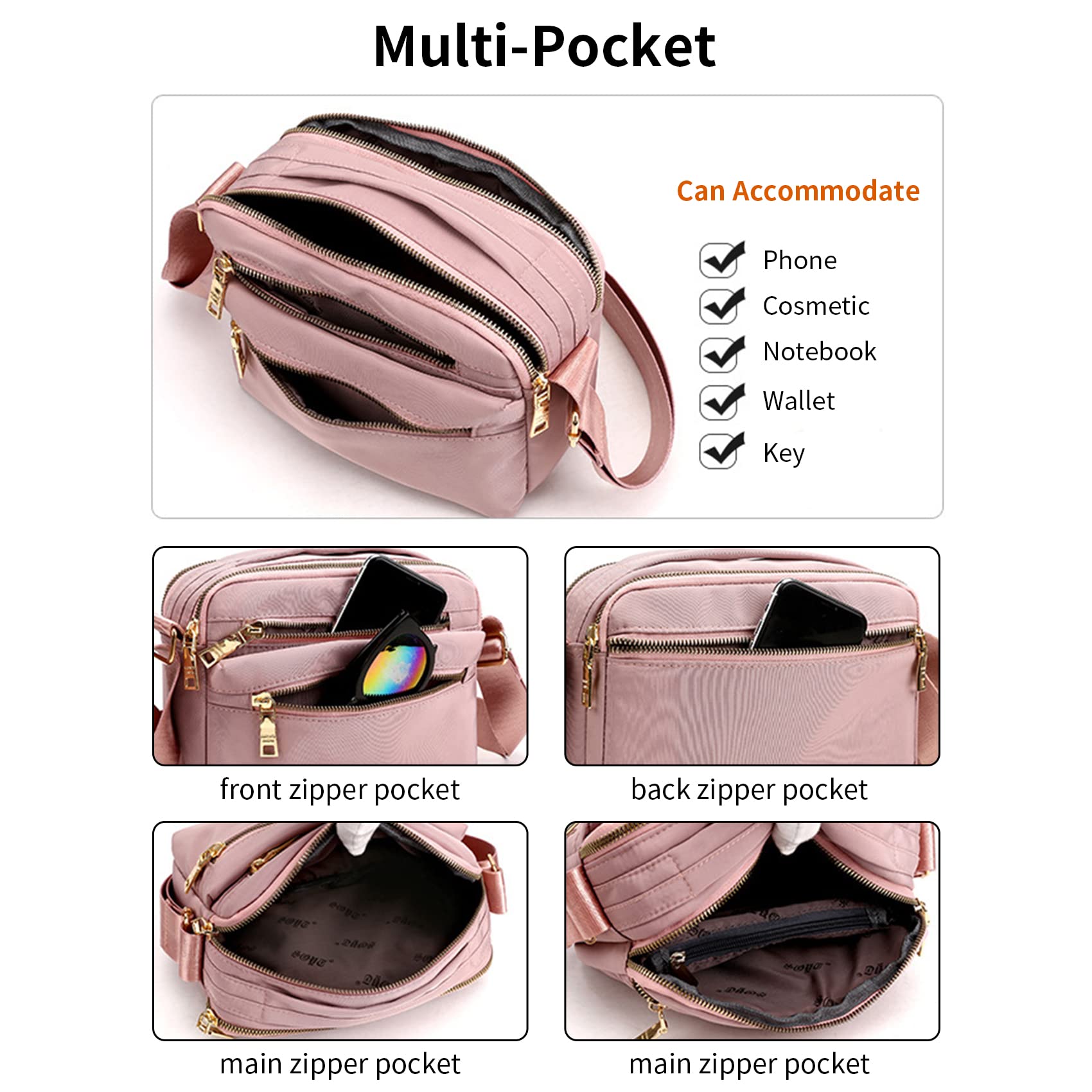 NOTAG Women's Crossbody Bag with Multi-Pocket Design - Waterproof Nylon Shoulder Purse & Top Handle Messenger Bag for Travel, Work & Daily Use