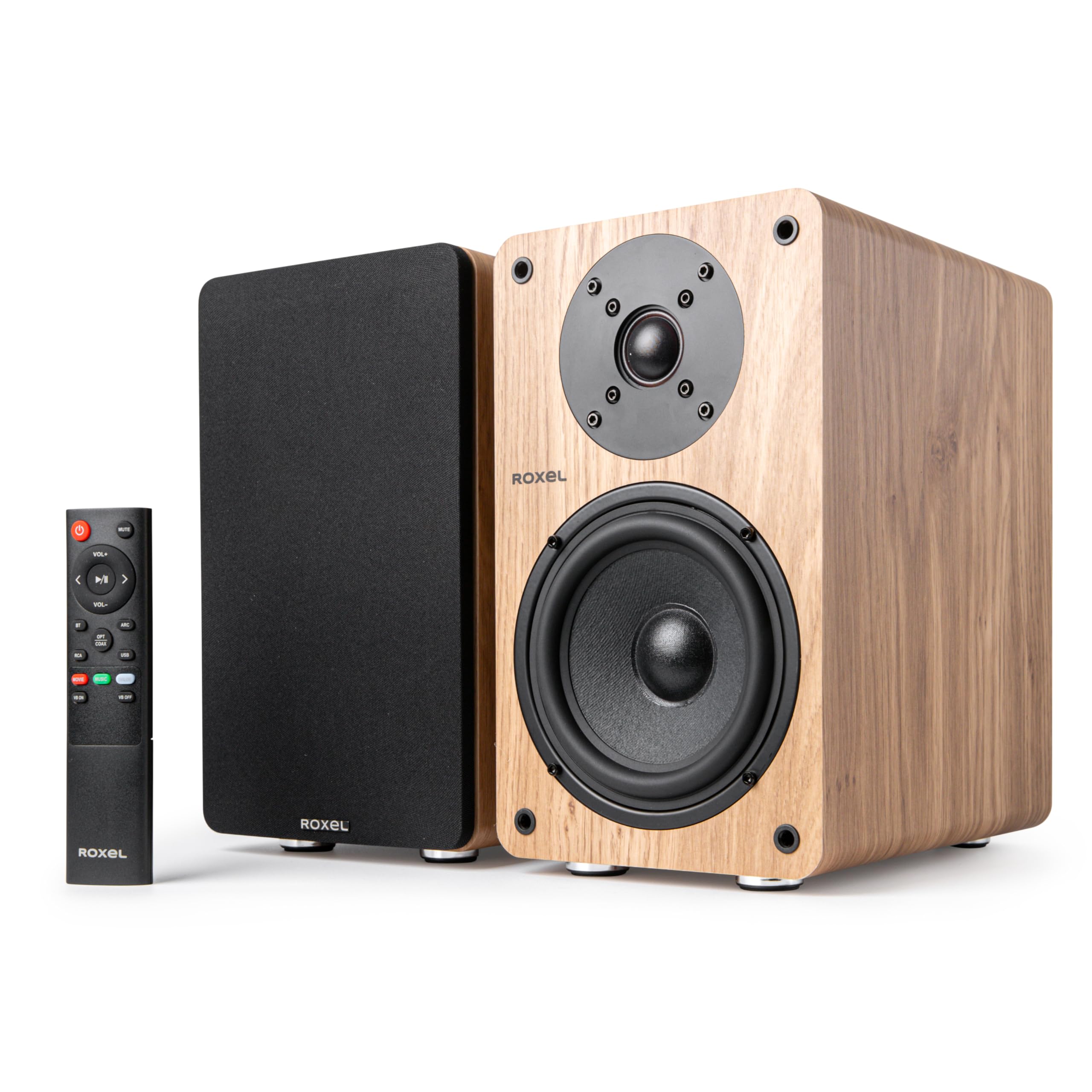 Roxel Onyx Active Bookshelf Speakers - 100W RMS Power, Bluetooth 5.0 Wireless Streaming, HDMI ARC, 3m Speaker Cable - Premium Sound for Home Theater, Music & Office Use (Oak Finish) - Perfect for Movie Nights, Gaming & Audiophile Listening