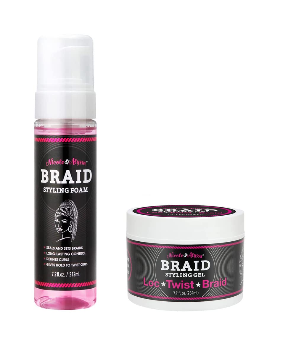 Nicole & Alyssa Braid Foam and Loc Twist Gel Combo - 7.2oz Styling Foam & 7.9oz Holding Gel for Natural Hair - Perfect for Braids, Dreadlocks, and Twist Hairstyles