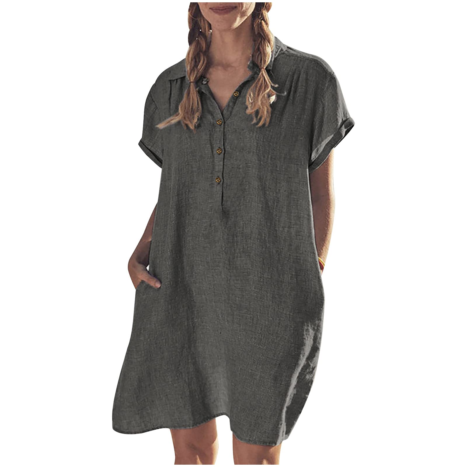 Linen Shirt Dress for Women - Short Sleeve Button Up with Pockets | Beach & Summer Wear