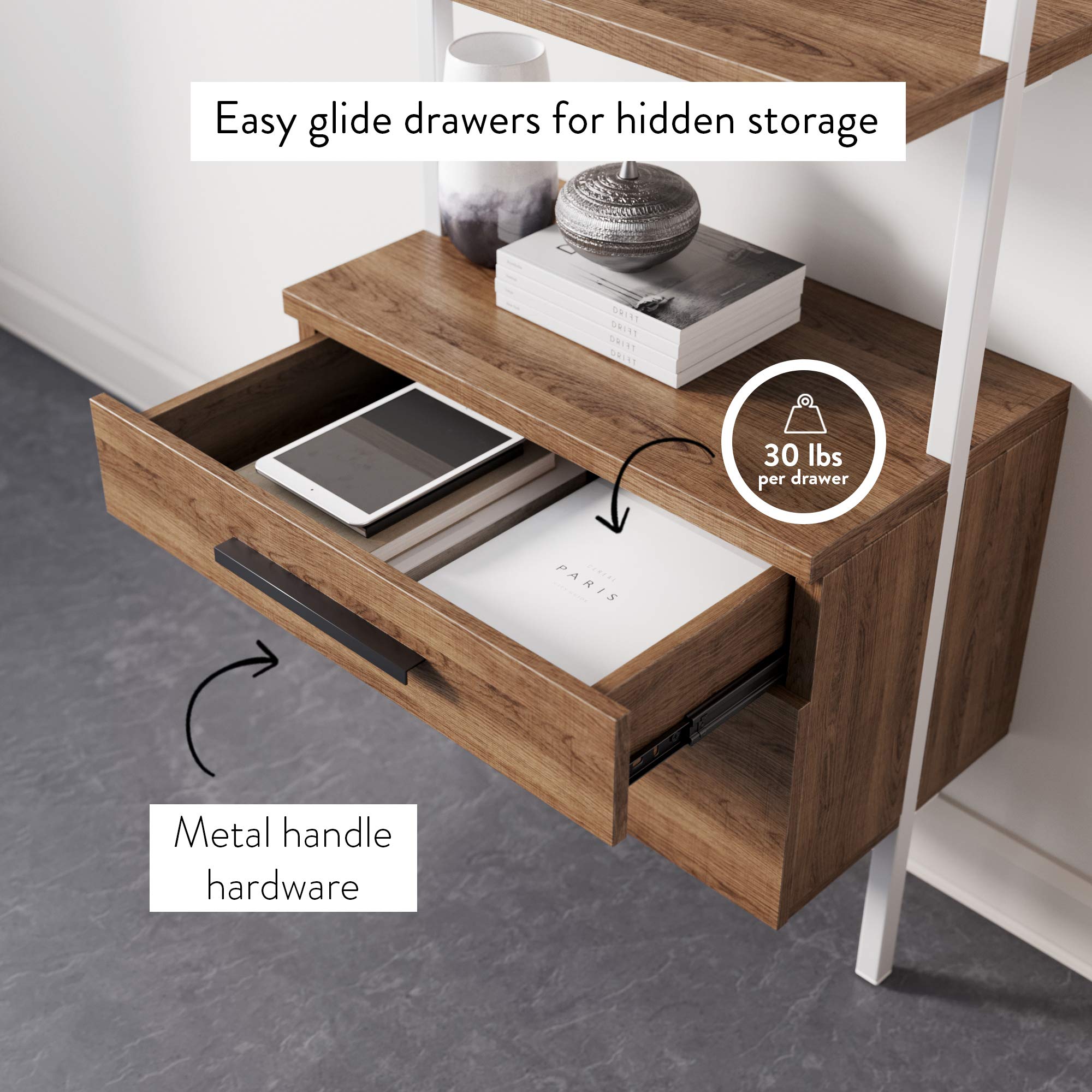 Nathan James Theo Industrial Bookshelf with Wood Drawers & Matte Steel Frame - 3-Tier Oak/White Storage Shelf for Living Room, Office & Bedroom Organization