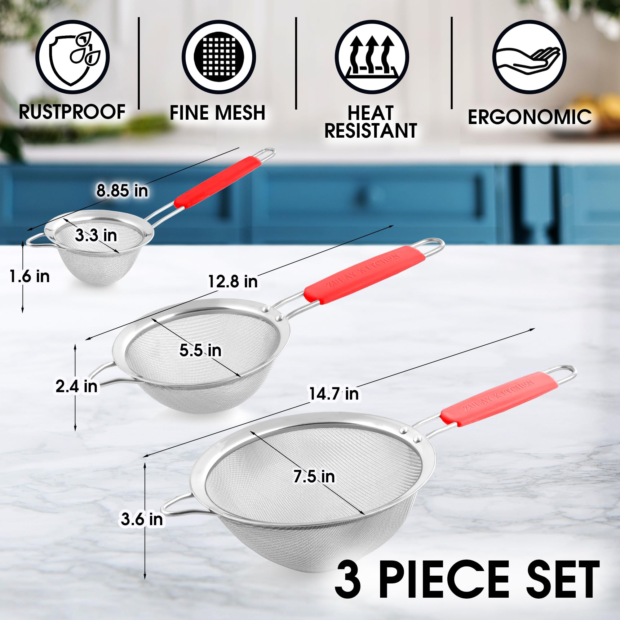 Premium Stainless Steel Strainer Set - 3 Fine Mesh Sieves for Cooking & Baking