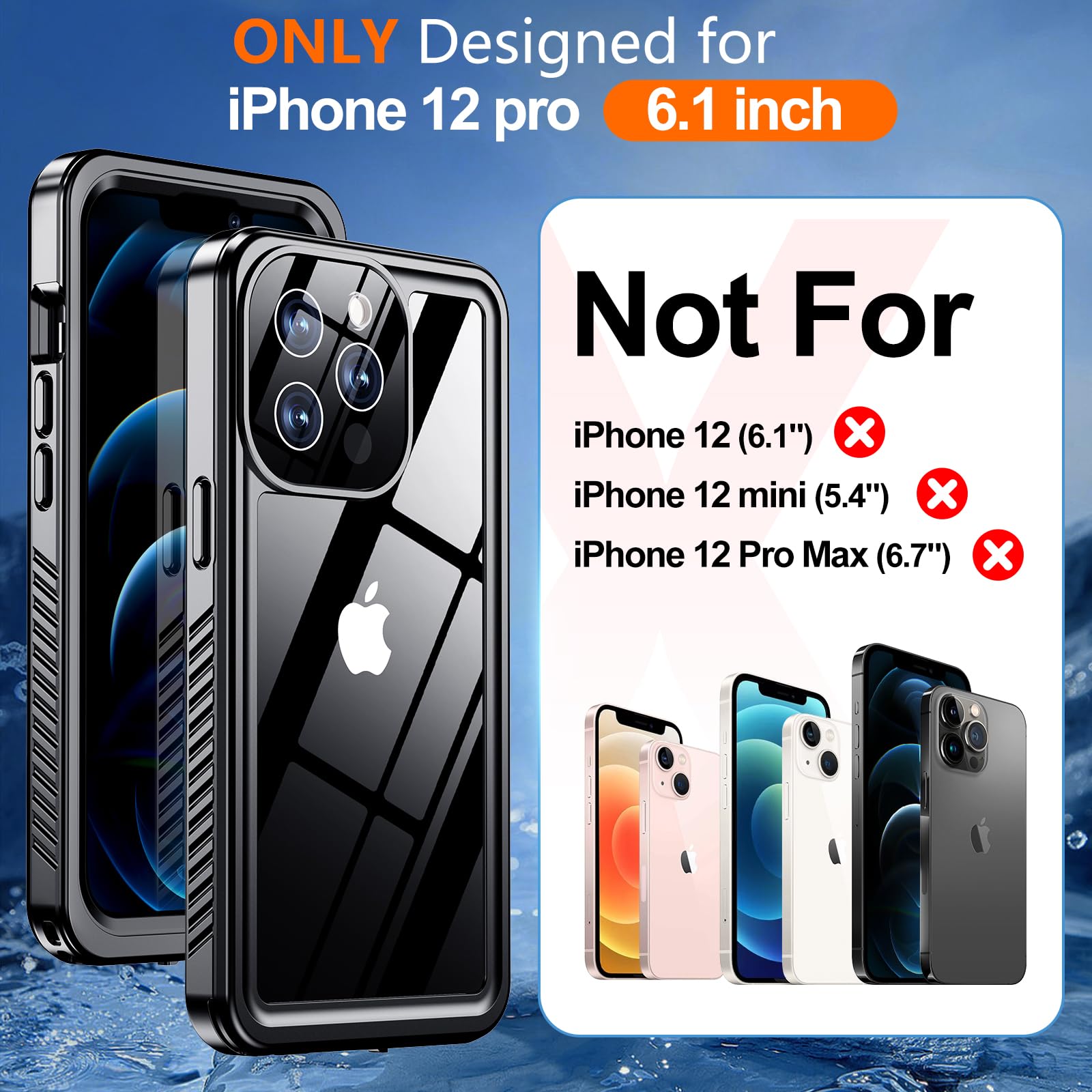 **Hualele Rugged iPhone 12 Pro Case (6.1 Inch) – Military-Grade Drop Protection (12FT), IP68 Waterproof, Full-Body Heavy Duty Protection – Black | Perfect for Outdoor Adventures, Construction Work & Extreme Sports**