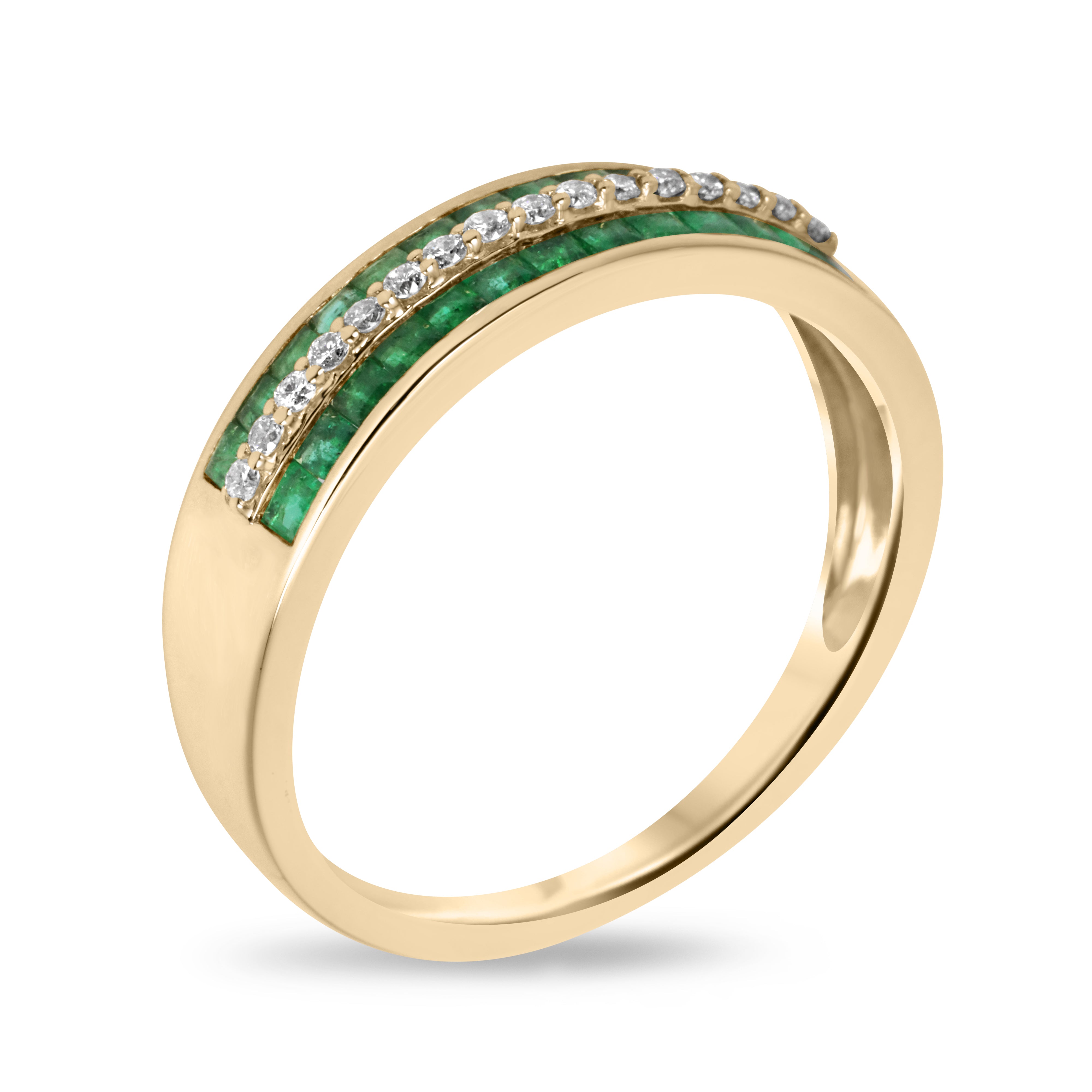 14K Gold Three Row Square Emerald & Diamond Wedding Band - 6mm Wide Elegant Stackable Ring for Bridal, Anniversary & Special Occasions