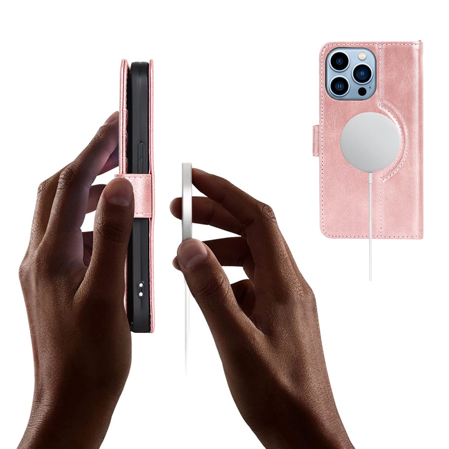 Sailor Tech Magnetic Wallet Phone Case for iPhone 13 Pro Max - Leather Flip Folio Cover with RFID Blocking & 4 Card Holder | Compatible with MagSafe Wireless Charger | Wristband Included (Pink) - Perfect for Travel, Shopping & Everyday Use