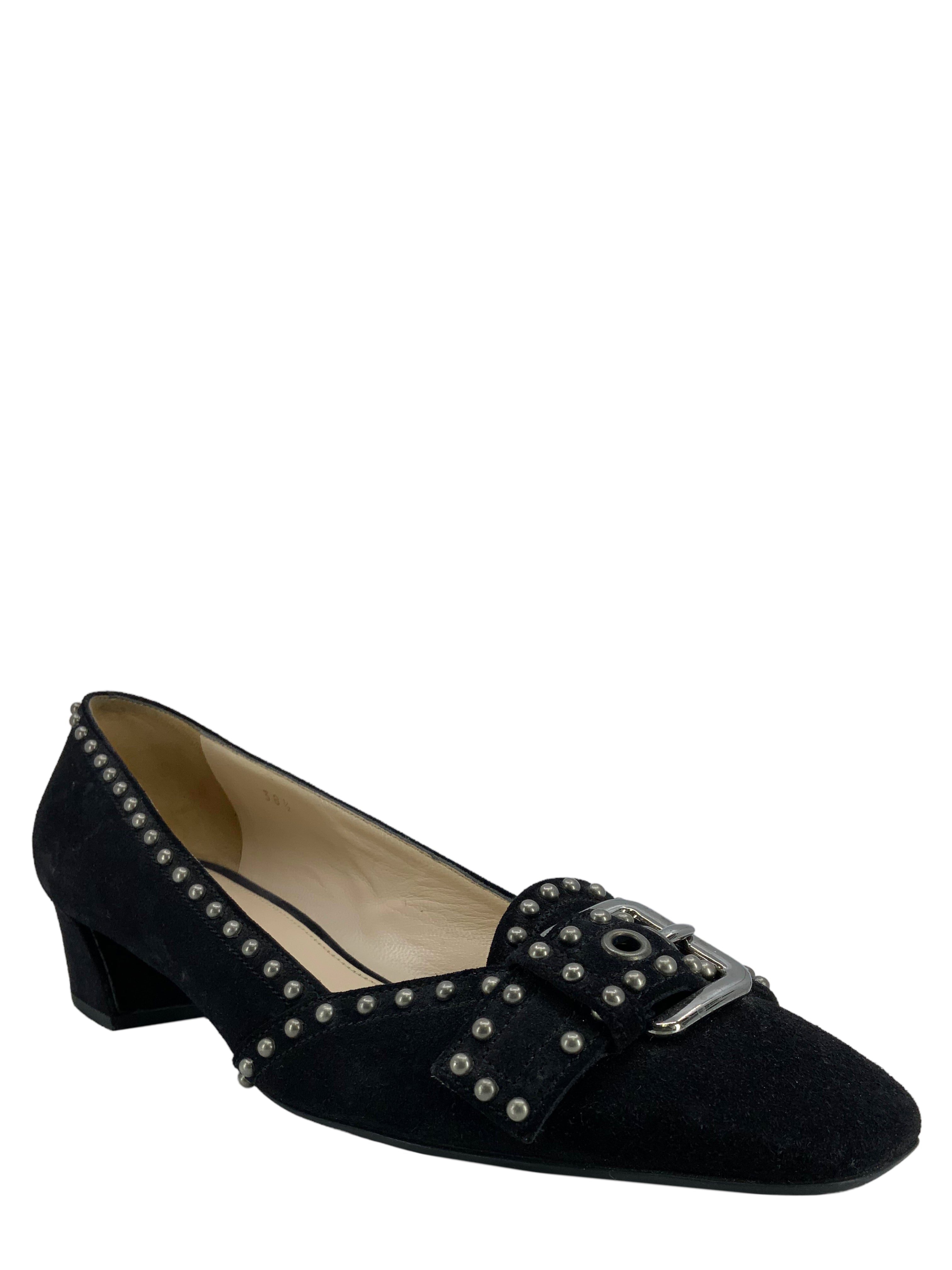 Prada Studded Suede Buckle Pumps Women's Size 8.5 - Luxury High Heels for Party, Wedding & Evening Events