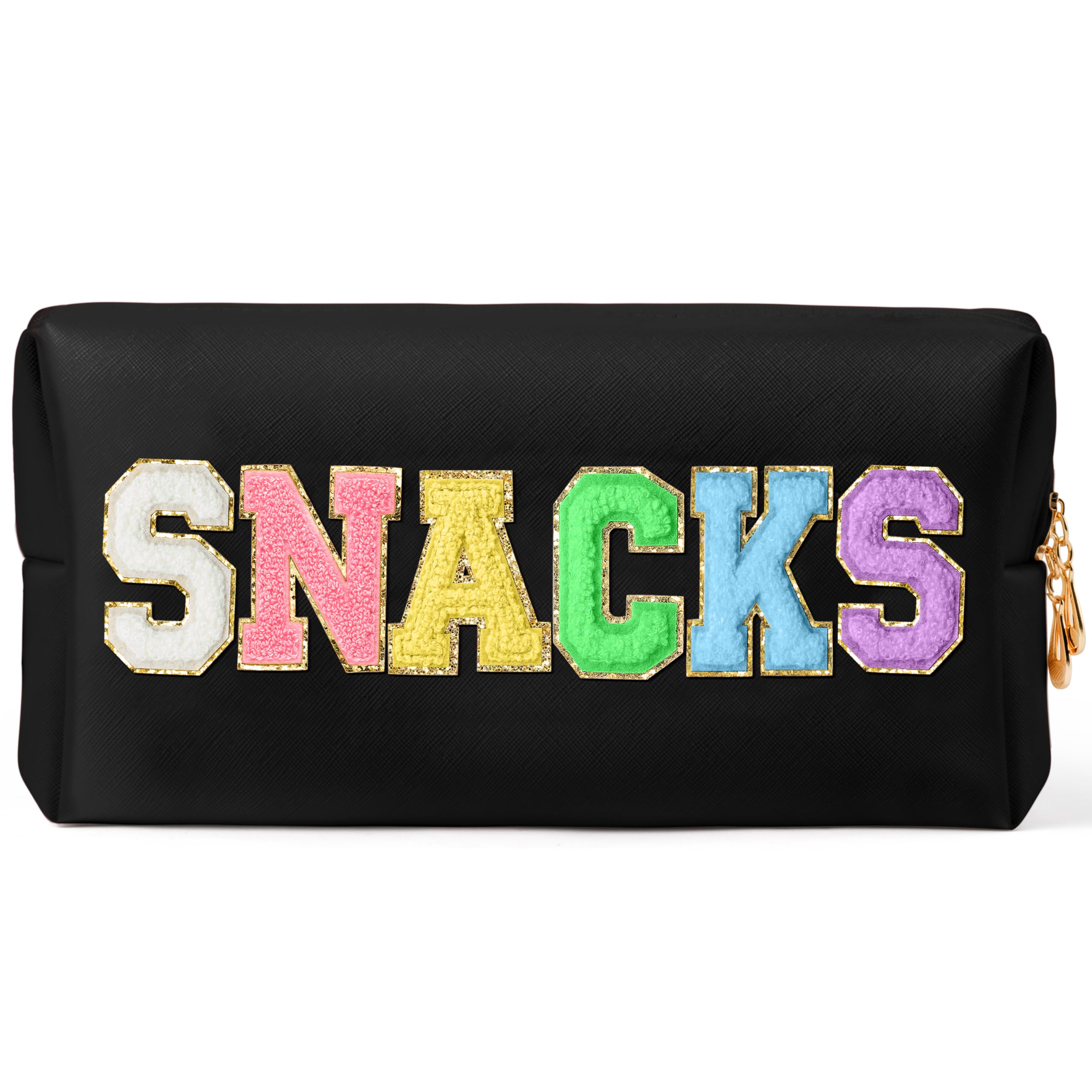 CY2SIDE SNACKS Letter Makeup Bag - Waterproof Black PU Leather Cosmetic Pouch with Colorful Chenille Letter Patch, Portable Travel Organizer for Women & Girls | Perfect for Travel, Gym, and Christmas Gifts