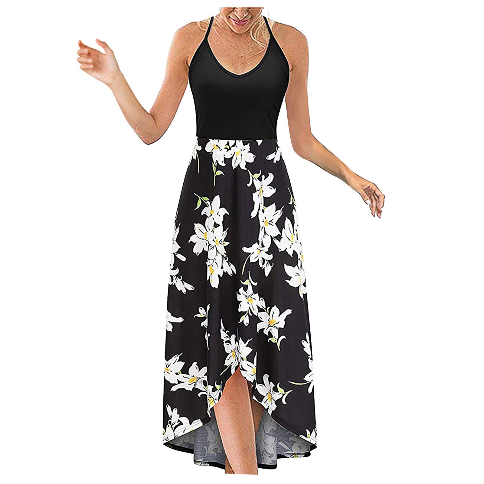 Women's Maxi Dress - High Waisted Floral Print Patchwork Party Dress with Short Sleeves | Perfect for Summer Weddings, Beach Vacations & Casual Outings