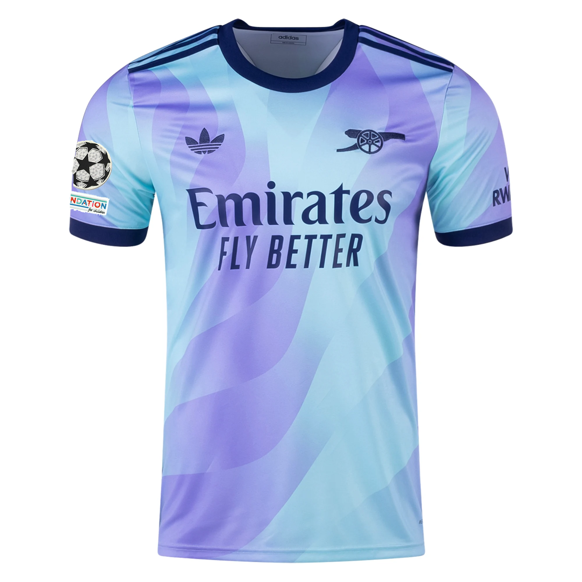 Adidas Arsenal Jakub Kiwior Third Jersey 2024/25 - Clear Aqua/Light Flash Purple with Champions League Patches | Authentic Football Shirt for Fans & Players | Matchday, Training & Casual Wear