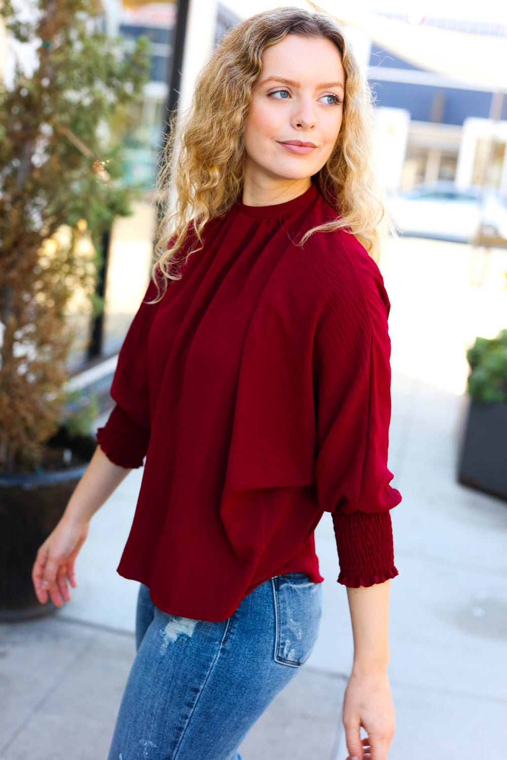 Bold Dreams Wine Smocked Three Quarter Sleeve Tie Back Top - Elegant Women's Blouse for Date Night, Cocktail Parties & Summer Outings