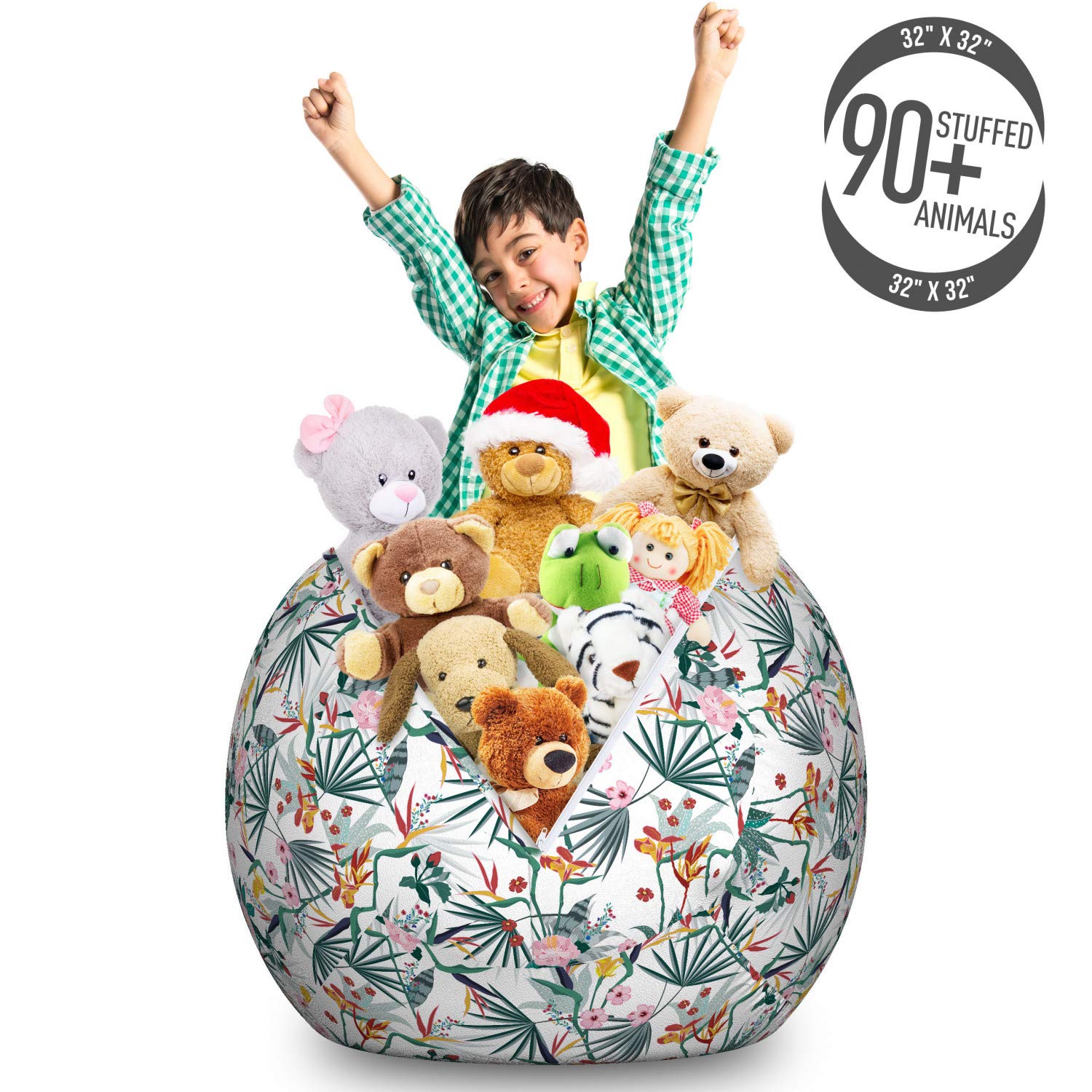 Ambesonne Floral Storage Toy Bag Chair - Large Washable Stuffed Animal Organizer with Exotic Flower Gardenia Daffodil Rose Buds Design | Perfect for Kids' Room, Nursery, Playroom & Home Organization (White Multicolor)